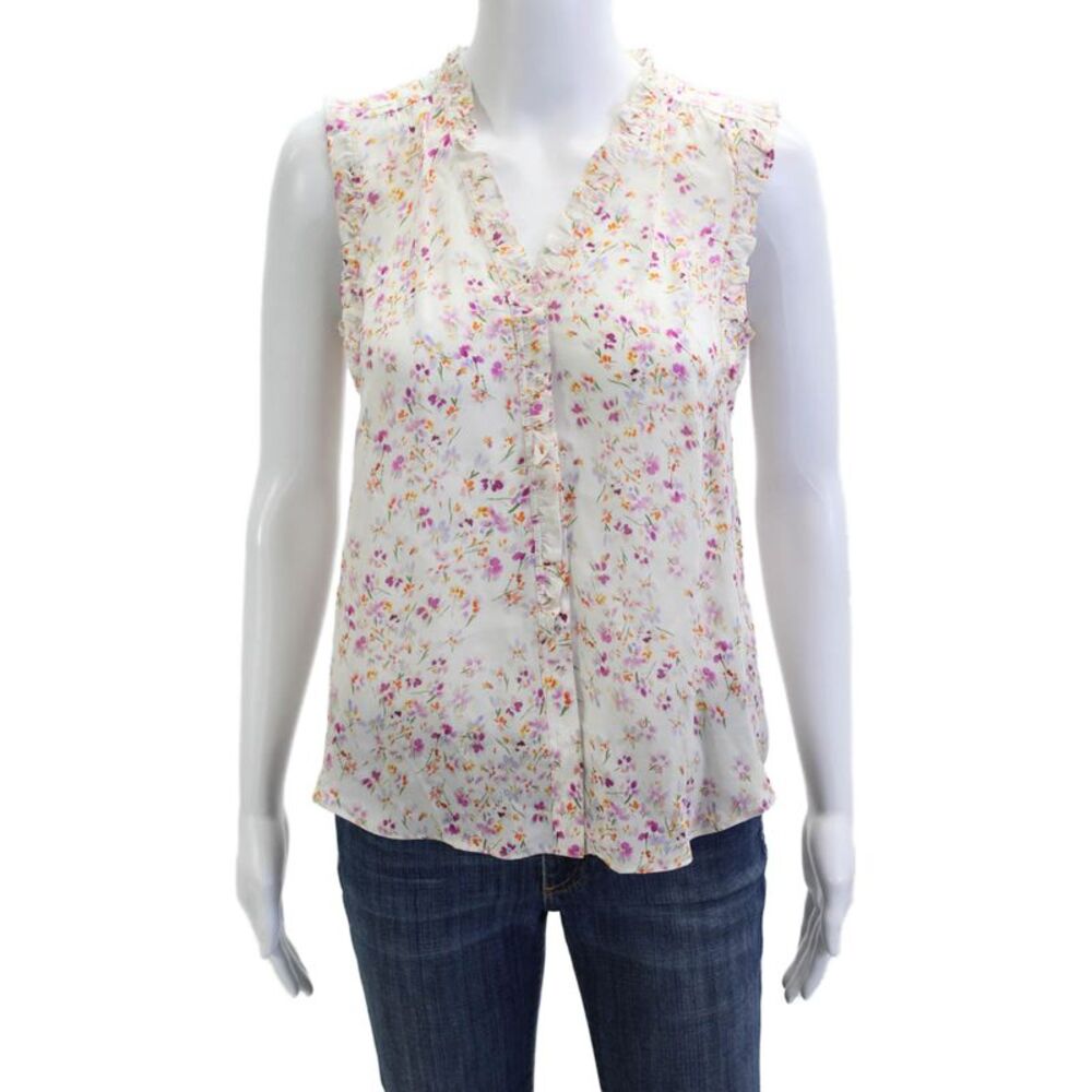 Go Silk Women White 100% Silk Floral V-Neck Sleeveless Blouse Size XS